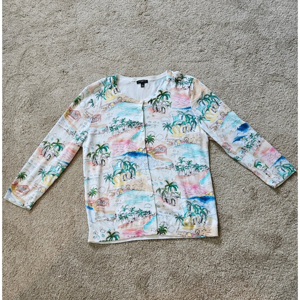 Talbots Cardigan Sweater Womens LP White Cotton Tropical Beach Coastal Summer